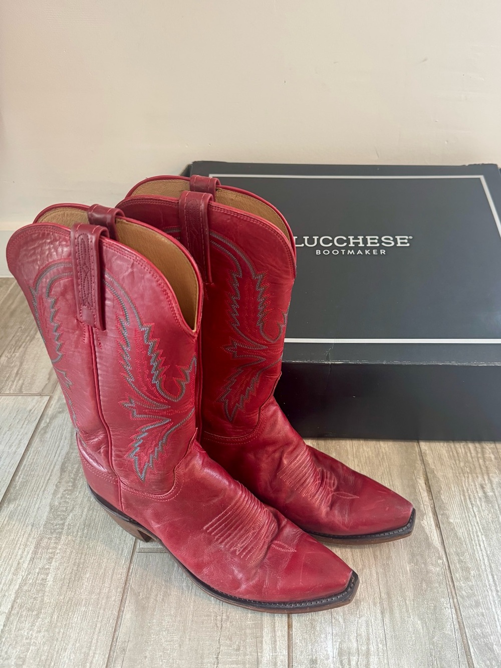 Lucchese Savannah Red Leather Cowboy Boots N4873 Size 9B Made in Texas